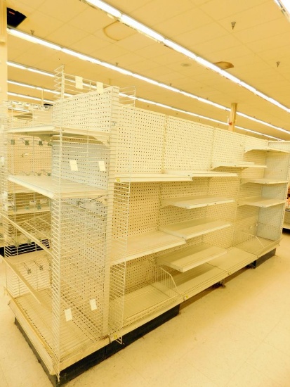 Gondola Shelving: Aisle Unit, 11'4" Long, 5 Bases, 5 Wire Displays, 25 Shelves