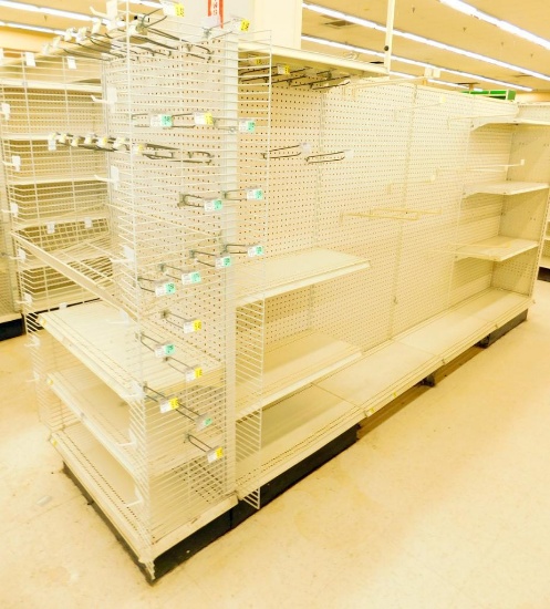 Gondola Shelving: Aisle Unit, 11'4" Long, 5 Bases, 1 Wire Display, 22 Shelves
