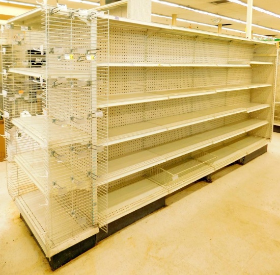 Gondola Shelving: Aisle Unit, 11'4" Long, 5 Bases, 5 Wire Displays, 36 Shelves