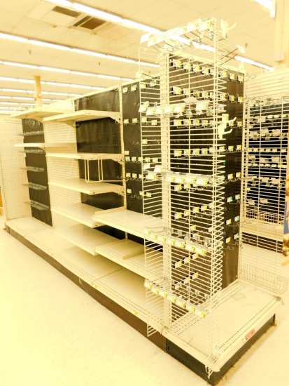 Gondola Shelving: Center Aisle Unit, 10'4" Long, 6 Bases, 5 Wire Displays, 18 Shelves