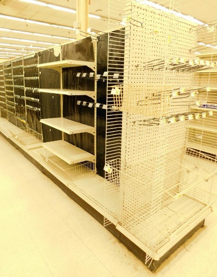 Gondola Shelving: Center Unit, 17'10" Long, 9 Bases, 7 Wire Displays, 17 Shelves