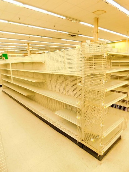 Gondola Shelving: Aisle Unit, 17'10" Long, 9 Bases, 10 Wire Displays, 65 Shelves
