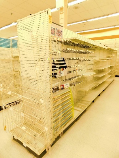 Gondola Shelving: Aisle Unit, 23'8" Long, 10 Bases, 17 Wire Displays, 67 Cones, 32 Shelves