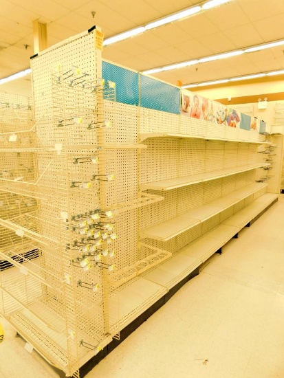Gondola Shelving: Aisle Unit, 23'8" Long, 10 Bases, 39 Wire Displays, 51 Shelves