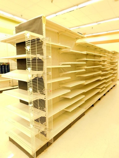 Gondola Shelving: Aisle Unit, 23'8" Long, 10 Bases, 1 Wire Display, 117 Shelves