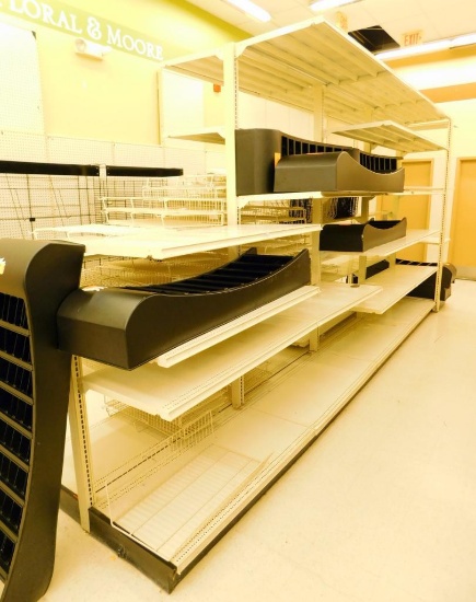 Gondola Shelving: 18' Long, 5 Bases, 50 Wire Displays, 33 Shelves with Racking