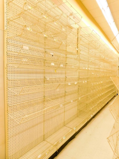 Gondola Shelving: Wall Unit, 25' Long, 10 Bases, 95 Wire Displays