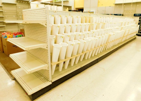 Gondola Shelving: Aisle Unit, 22'5" Long, 10 Bases, 3 Shelves, 265 Cones, 5 T-hangers