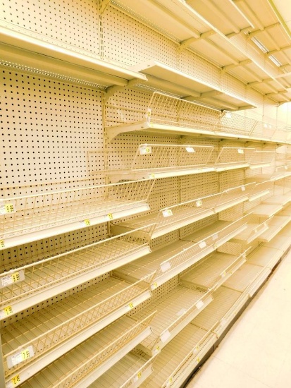 Gondola Shelving: Back Wall, 22'6" Long, 10'1" Tall, 9 Bases, 29 Wire Displays, 53 Shelves