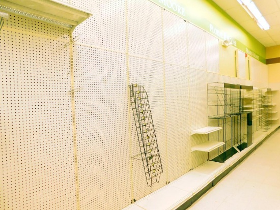 Gondola Shelving: Back Wall, 14 Bases, 1 Wire Basket, 21 Shelves