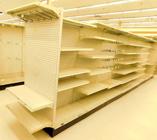 Gondola Shelving: Center Aisle, 21' Long, 66" Tall, 9 Bases, 5 Wire Displays, 43 Shelves