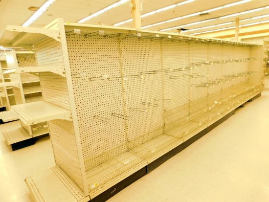???????Gondola Shelving: Center Aisle, 22'4" Long, 66" Tall, 10 Bases, 24 Wire Displays, 25 Shelves