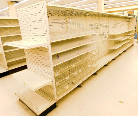 ???????Gondola Shelving: Center Aisle, 22'4" Long, 66" Tall, 10 Bases, 42 Wire Displays, 42 Shelves