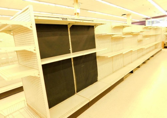 Gondola Shelving: Center Aisle, 30' Long, 13 Bases, 12 Wire Displays, 34 Shelves