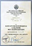 German WWII Award Document: 2nd Class War Service Cross With Swords