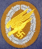 German WWII Luftwaffe Cloth Paratrooper Fallschirmjager Jump Badge