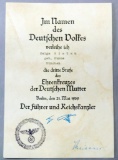 German WWII Bronze Mothers Cross Award Document