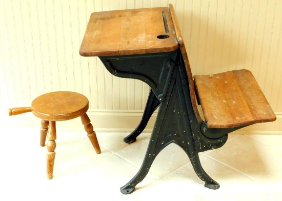 Vintage Wooden Child's School Desk and Handled Step Stool