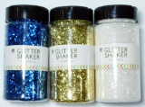 Glitter Shaker Containers in Gold, Blue, and Crystal, Dozens of Units