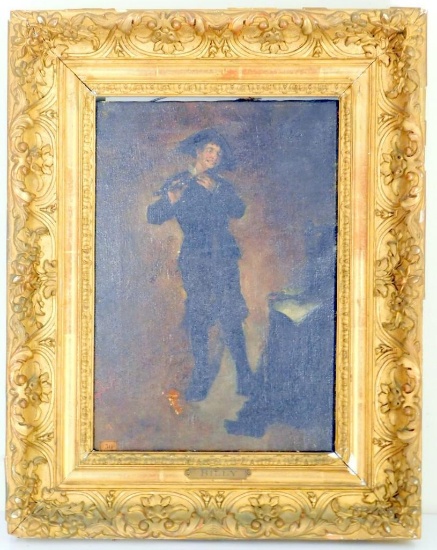 Enrico Belli Oil On Canvas, "Billy," Young Man Playing a Flute, Framed