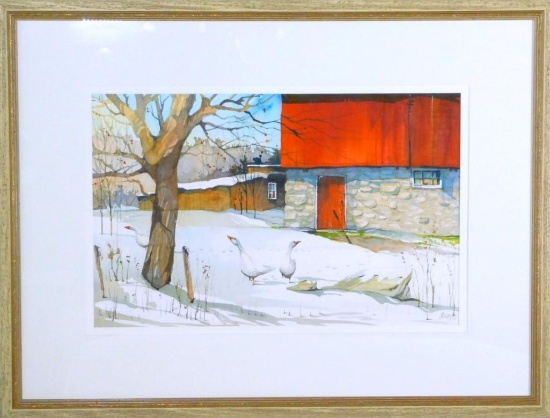 John James Red Barn with Geese, Watercolor