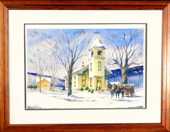 John James Country Winter Scene, Church and Horses, Watercolor