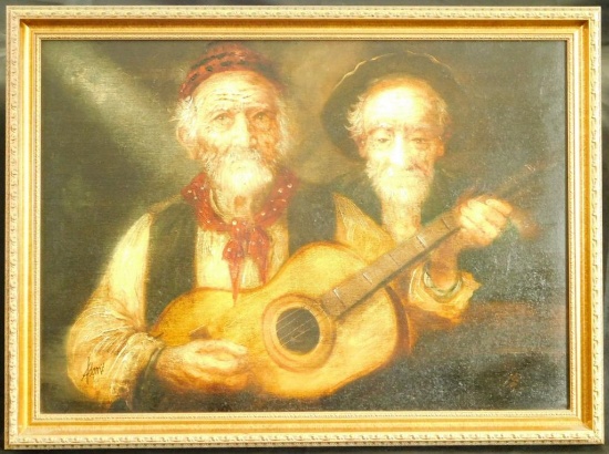 Guitar Player and His Friend, Oil on Canvas, Framed, Signed