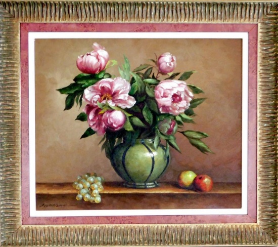 Peonies Floral Still Life Oil on Canvas, Framed, Signed