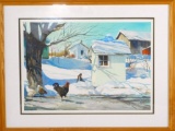 Pocono Mountains Artist John James, Rooster and Country Scene, Watercolor
