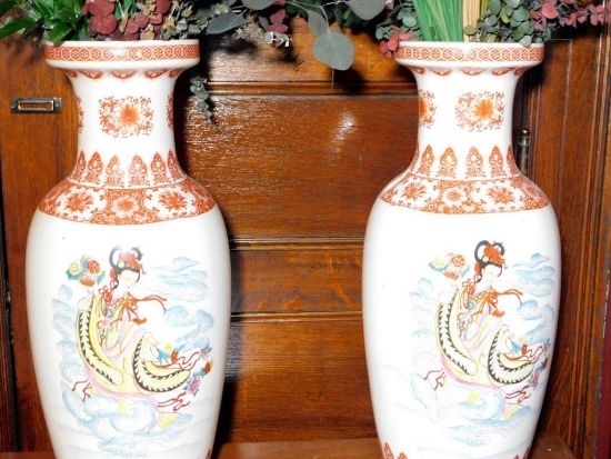 Pair of Asian-Inspired Floor Vases and Floral Centerpiece