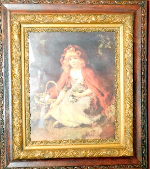 Young Girl with Basket, Print in Wooden Frame