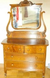 Tiger Oak Curved Front Dresser with Harp Mirror