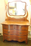 Oak Curved-front Oak Dresser with Tilt Mirror and Casters