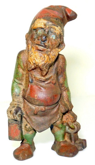 Antique Cast Iron Gnome/Elf Key Keeper with Lantern Bank