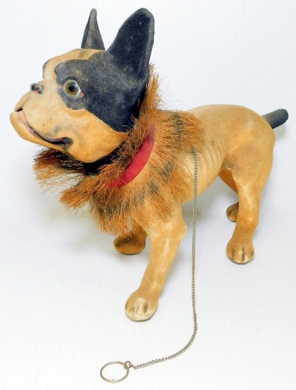 Antique French Growler Nodder Papier Mache Bulldog Pull Toy w/ Coconut Husk Collar