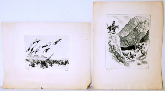 Two Black and White Prints, Mallards, and Old West