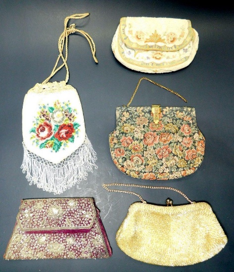 Grouping of Five Ladies Beaded and Fabric Purses
