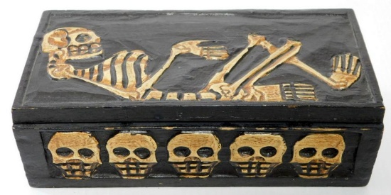 Wonderful Antique Folk Art Hand-carved Wooden Box Decorated w/ Skeletons and Skulls
