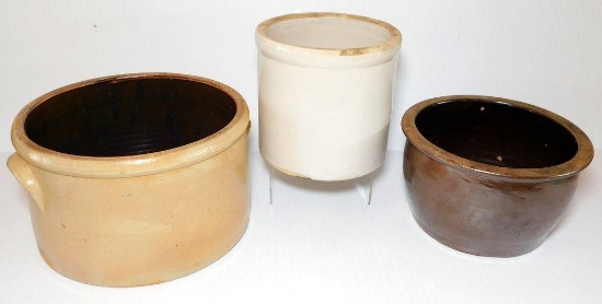 Three Stoneware Crocks in Brown, Tan, and Ivory