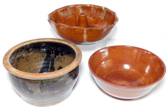 Stoneware Grouping: Crock, and Redware Bowl and Chicken Roaster/Bundt Pan