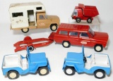 Five Piece Grouping of Vintage Metal Toy Trucks, Trailers, and Jeeps from Tonka and Buddy L