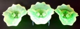 Three (3) Fluted Uranium Glass Ornate Footed Bowls