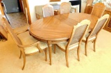Pecan Drexel Dining Room: Table, 3 Leaves, 6 Chairs, China Cabinet, Buffet, Side Table, Custom Pad