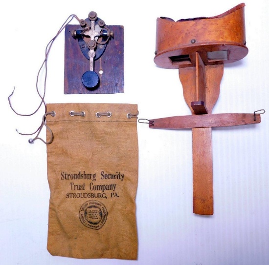 Grouping of Collectibles Including: Stereoscope, Morse Code Telegraph Key, and Bank Bag