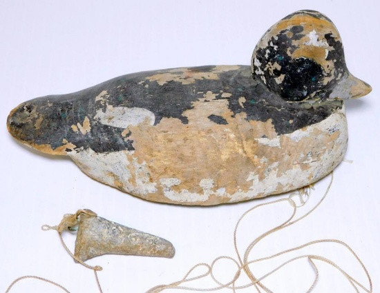 Antique Hand Carved and Painted Duck Decoy w/ Lead Weight