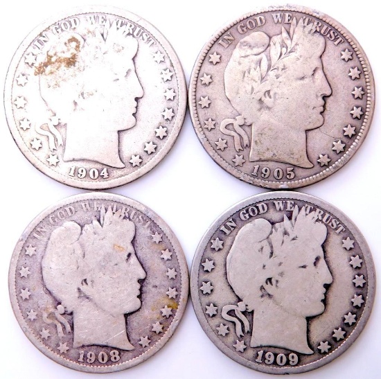 1904 - 1909 Barber Silver Half Dollar Coins, (4)