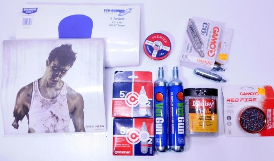 Grouping of CO2 Pellet Gun Shooting Accessories, PICKUP ONLY