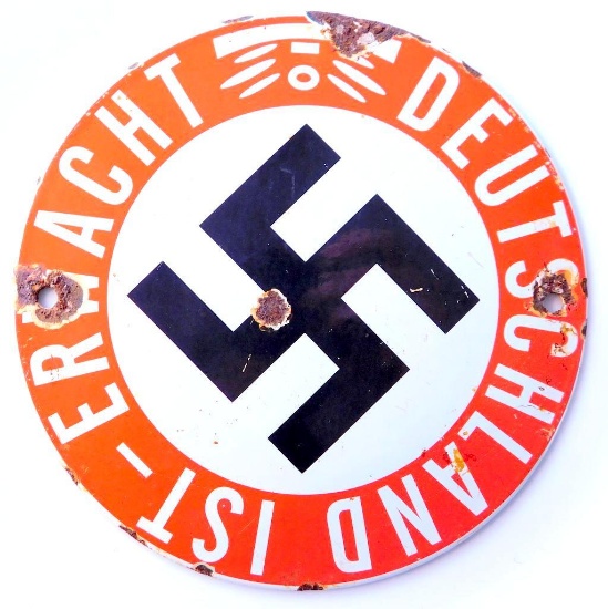 German WWII DEUTSCHLAND IST ERWACHT Porcelain Sign