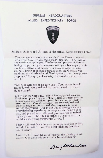 US WWII D-Day Allied Expeditionary Force Eisenhower Letter