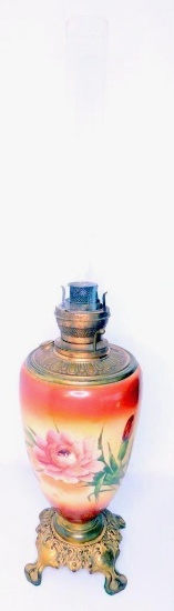 Hand-painted Floral Theme Antique Kerosene Table Lamp, No Shipping
